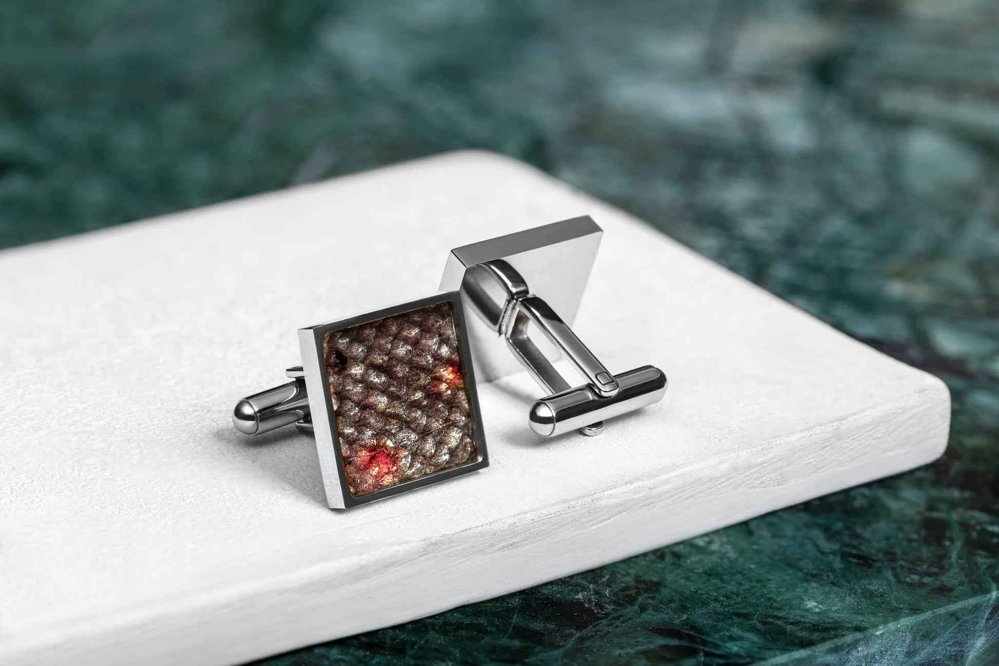 Square Cufflinks – Red-Spotted Leather