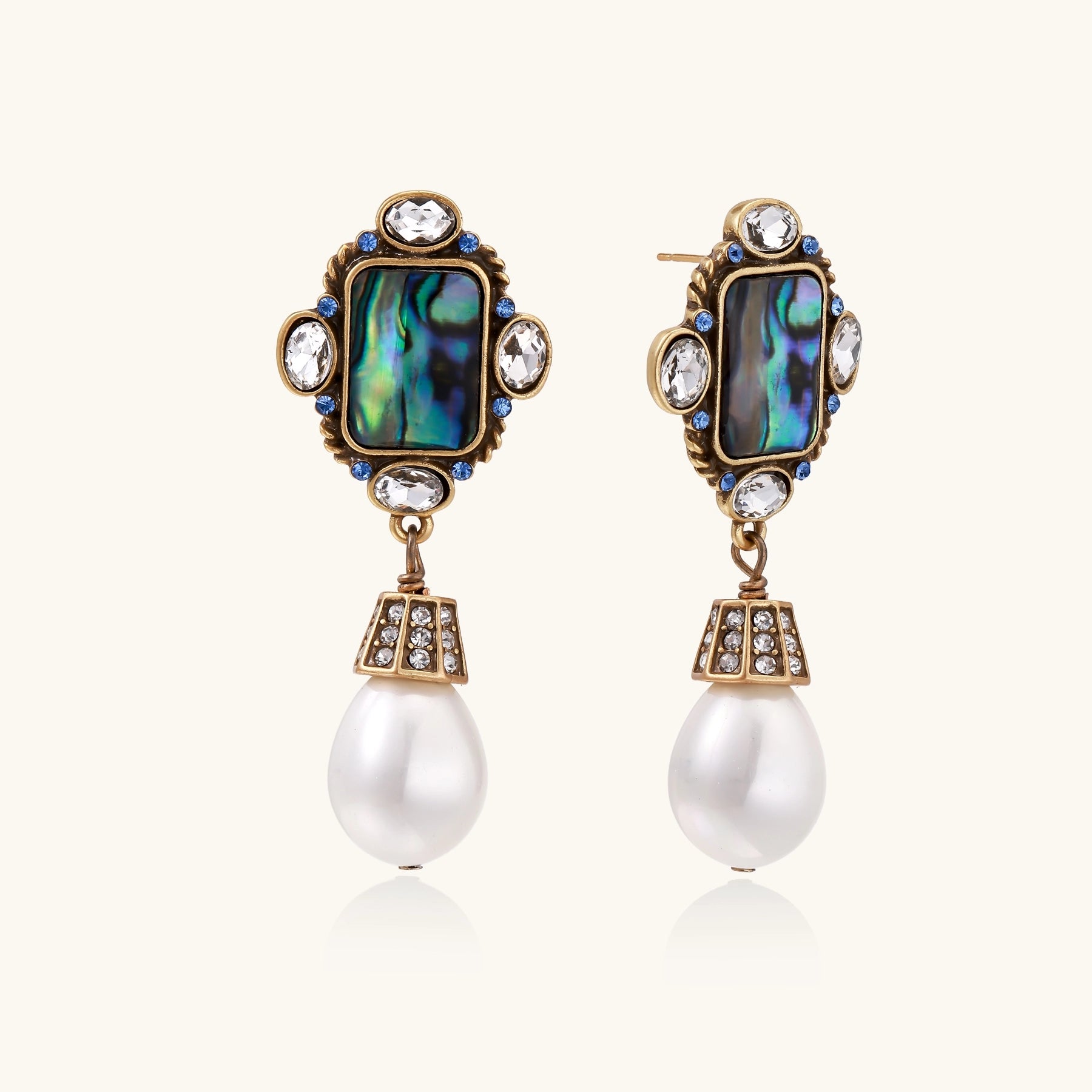Gold-plated brass drop earrings featuring iridescent abalone shell centers, crystal accents, and white pearl drops.