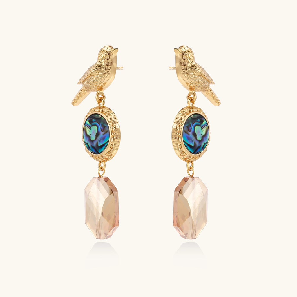 Gold-plated bird dangle earrings with iridescent abalone shell discs and champagne crystal drops on white background.