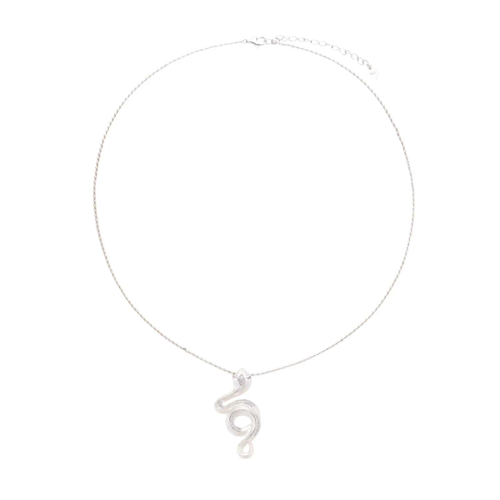 Abstract S-curve sterling silver pendant with zirconia accents on delicate chain against white background