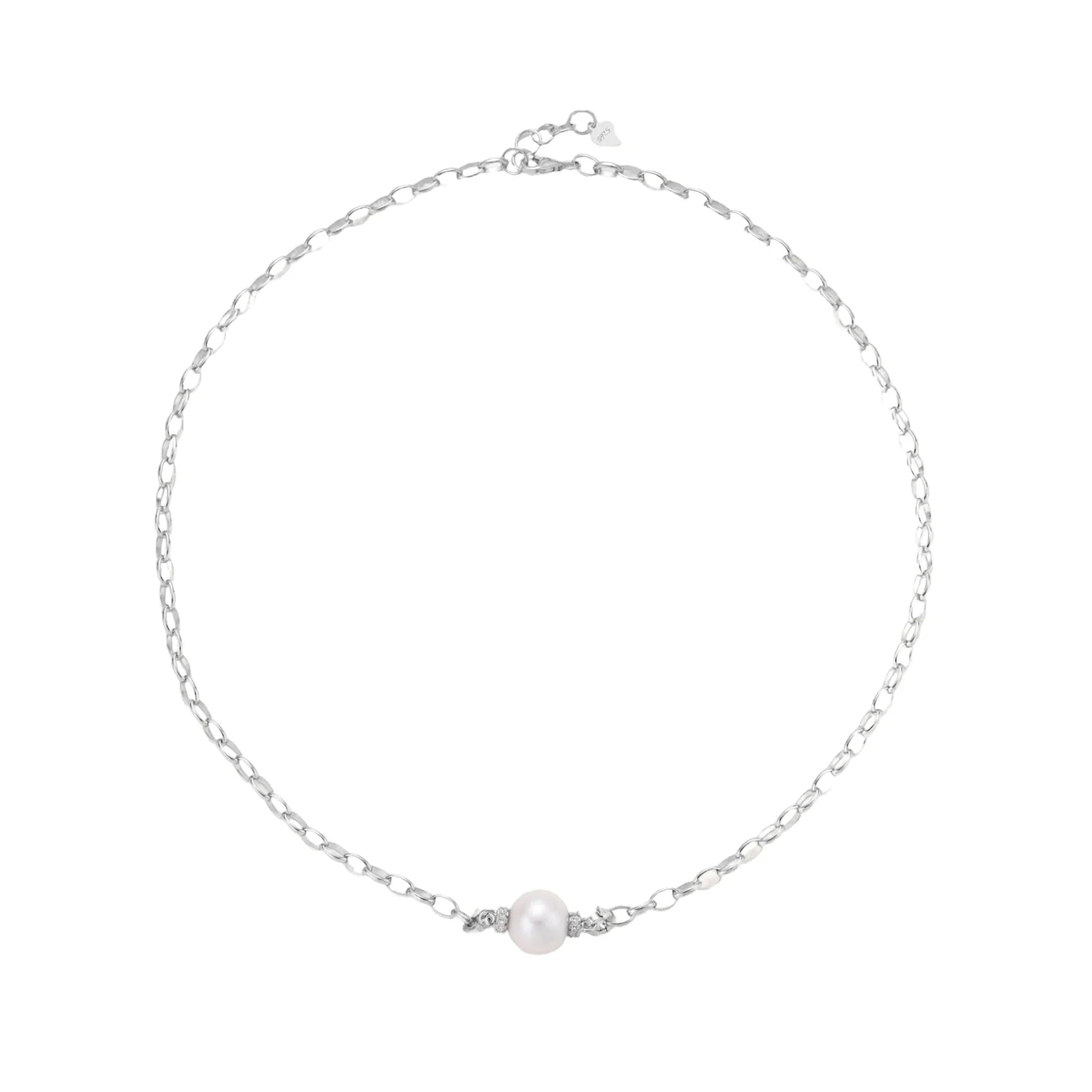 Dainty rhodium-plated silver chain necklace with centered 10mm freshwater pearl and crystal accents on cream background