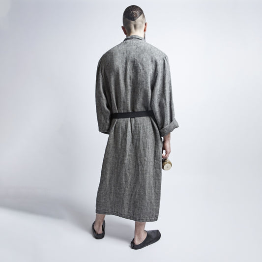 Linen Men's Bathrobe - Black Fishbone