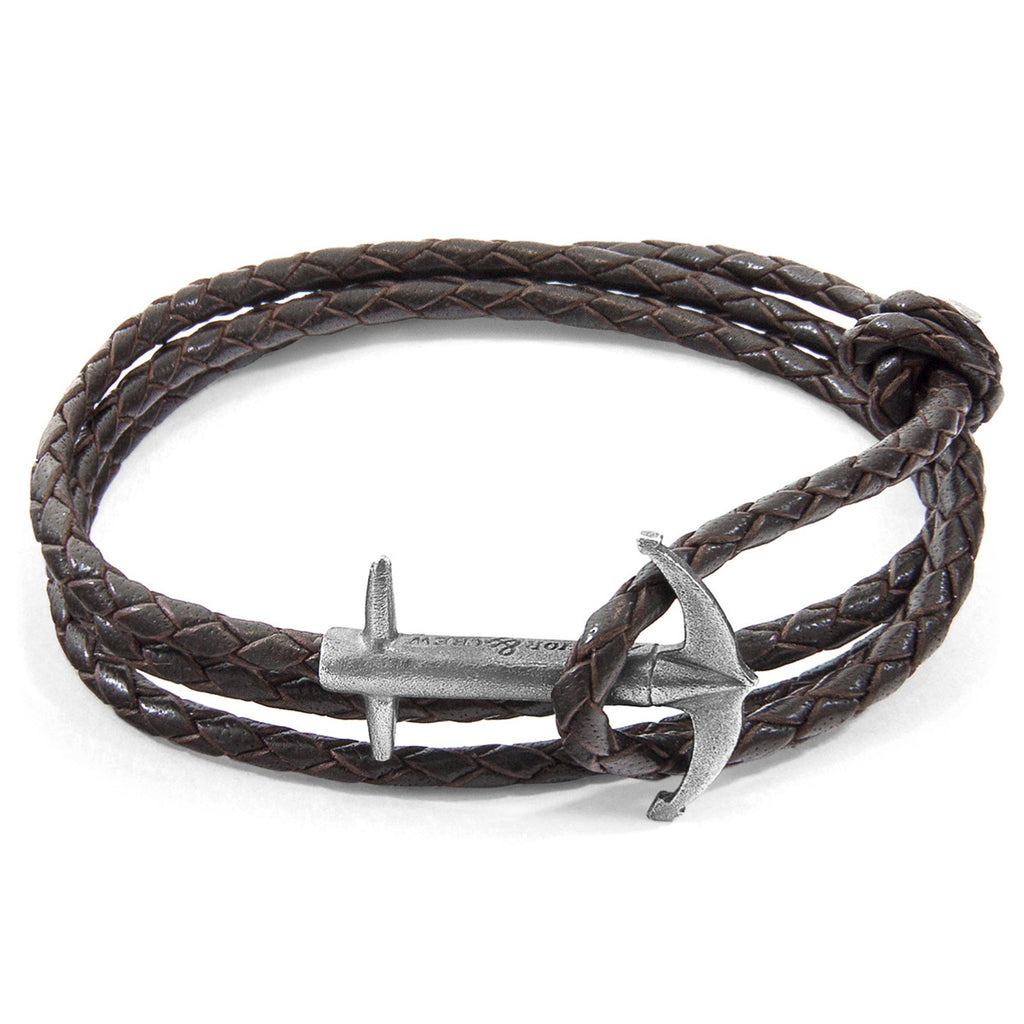 Admiral Anchor Silver and Braided Leather Bracelet - Dark Brown