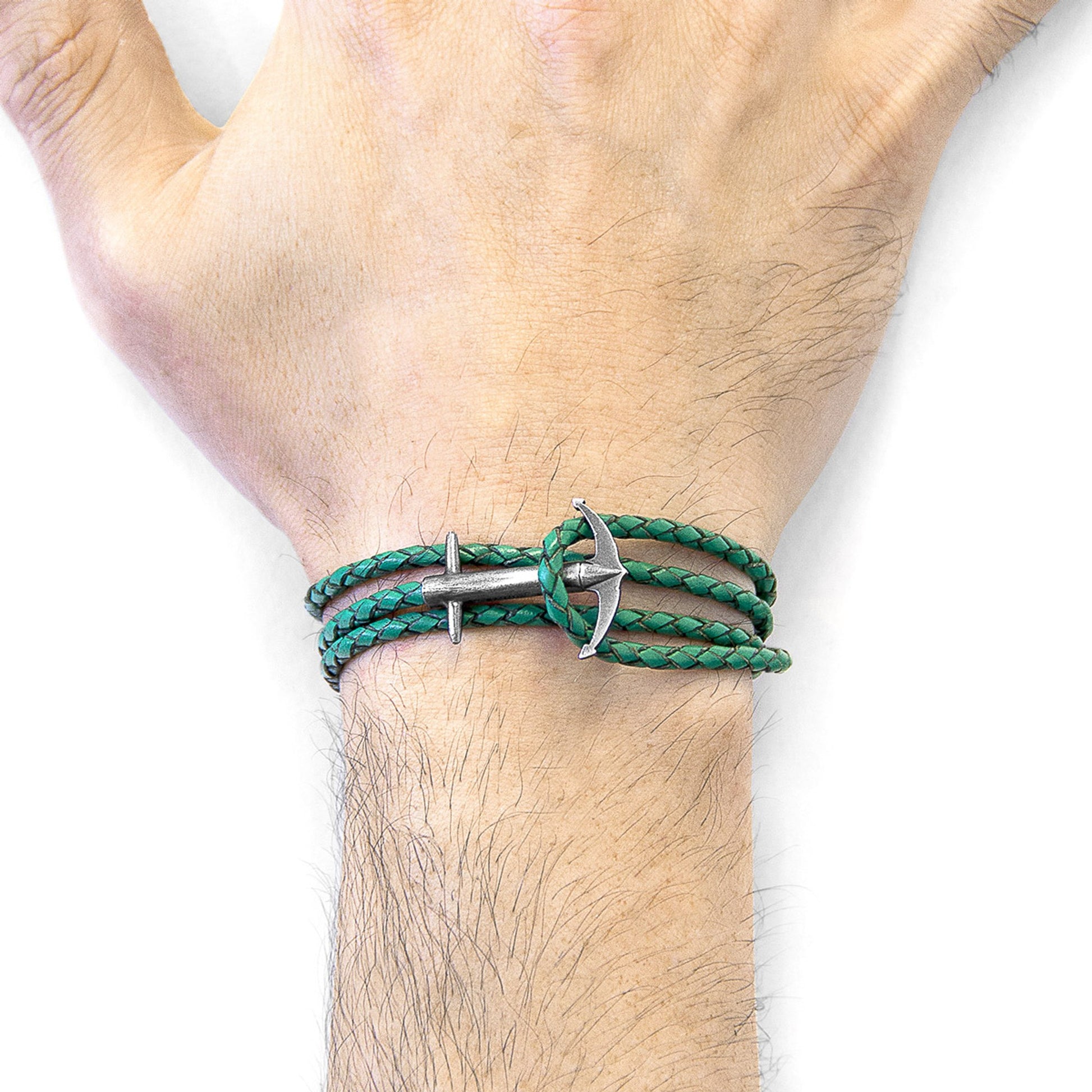 Admiral Anchor Silver and Braided Leather Bracelet - Fern Green