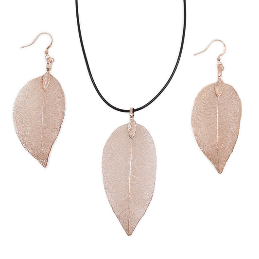 Halsband & Örhängen Set - Bravery Leaf - Rosa Guld