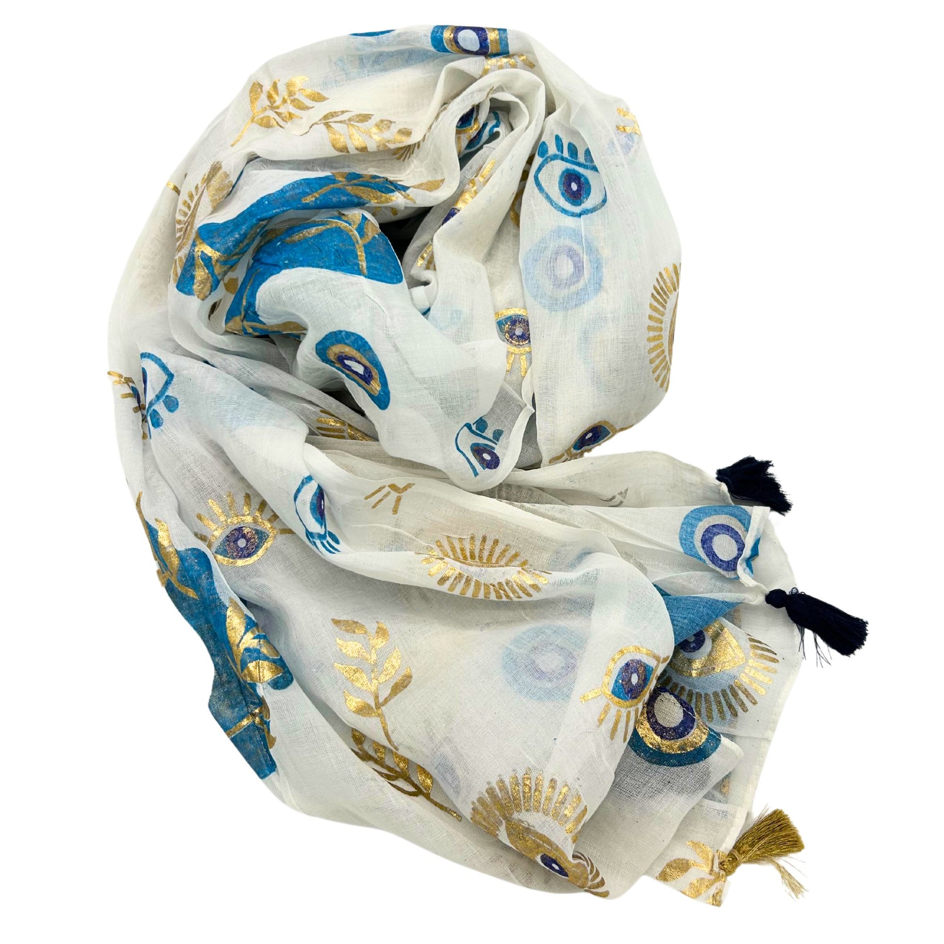 Nomad Sari On the Med Collection - Pario - White , Blue & Gold Evil Eye Design