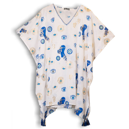 Nomad Sari Medelhavskollektion - Kaftan - Vit, Blå & Guld med Onda Ögat Design
