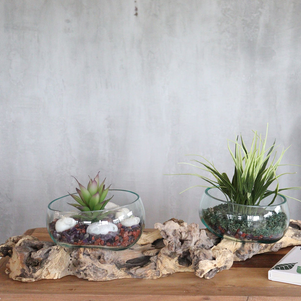 Vas/Kruka/skål - Smält glas på extra stort dubbelstativ - 70cm