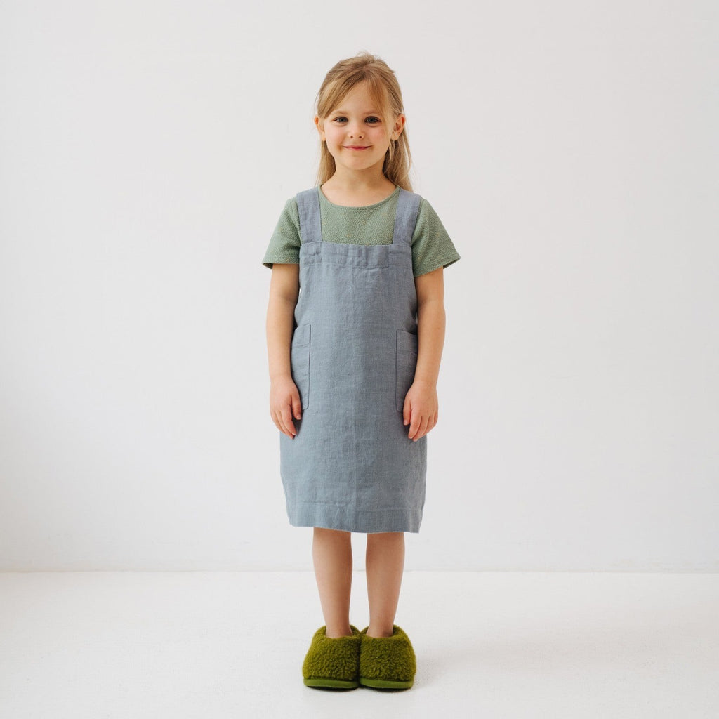 Linen Pinafore Apron for Kids - Blue Fog