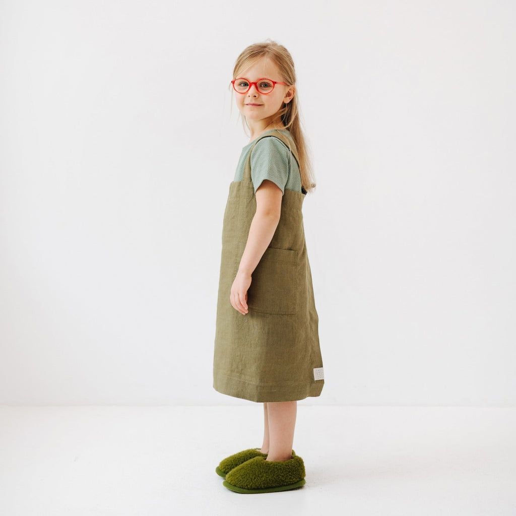 Linen Pinafore Apron for Kids - Olive