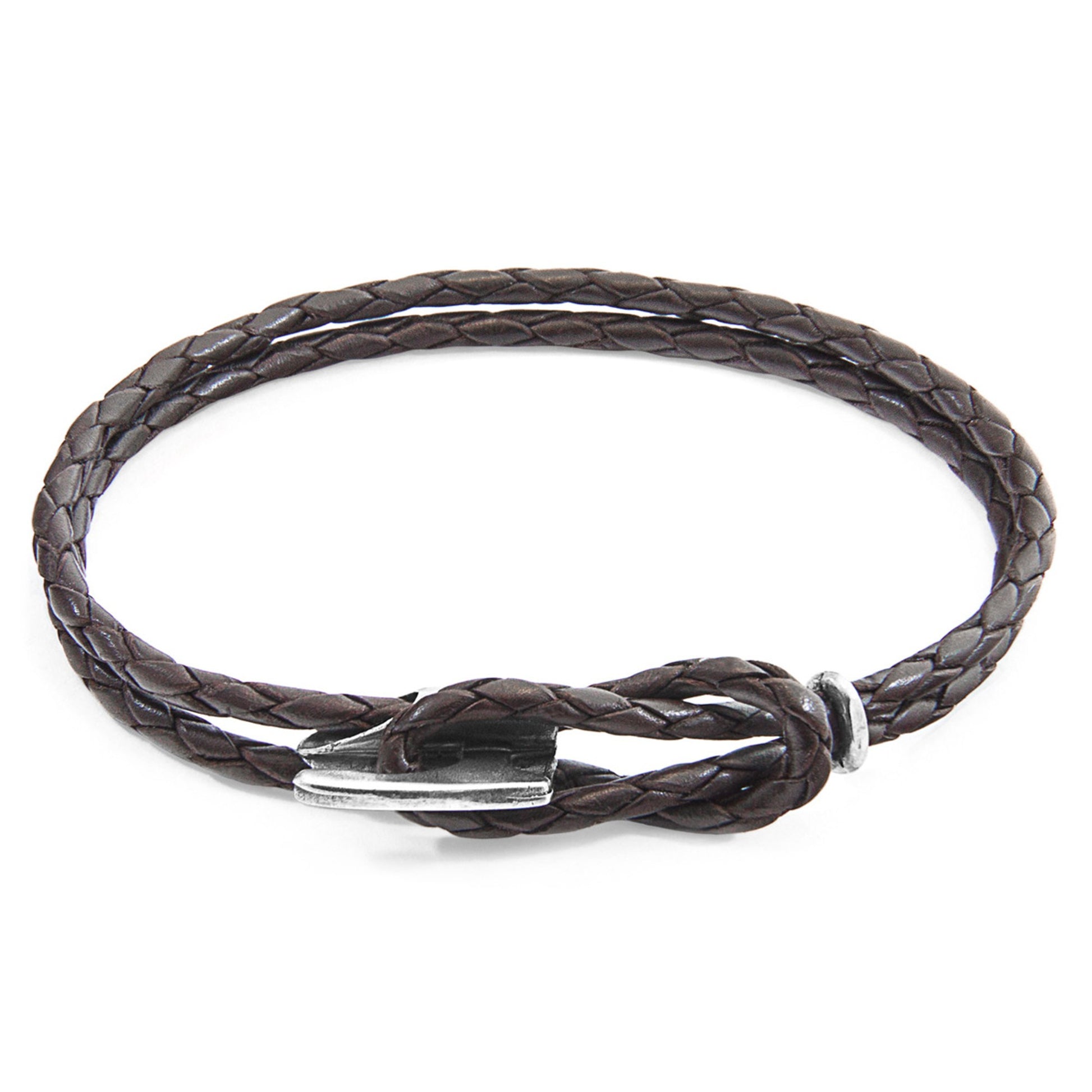 Padstow Silver and Braided Leather Bracelet - Dark Brown