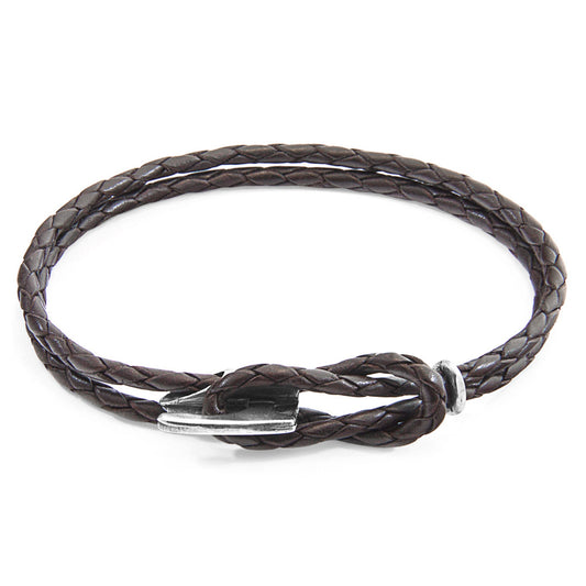 Padstow Silver and Braided Leather Bracelet - Dark Brown