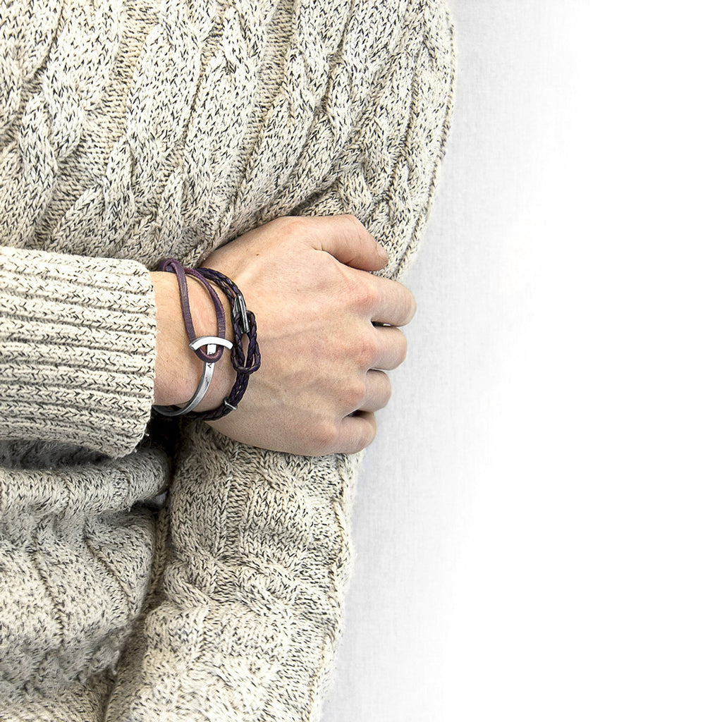 Padstow Silver and Braided Leather Bracelet - Grape Purple
