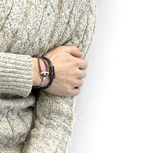 Padstow Silver and Braided Leather Bracelet - Grape Purple